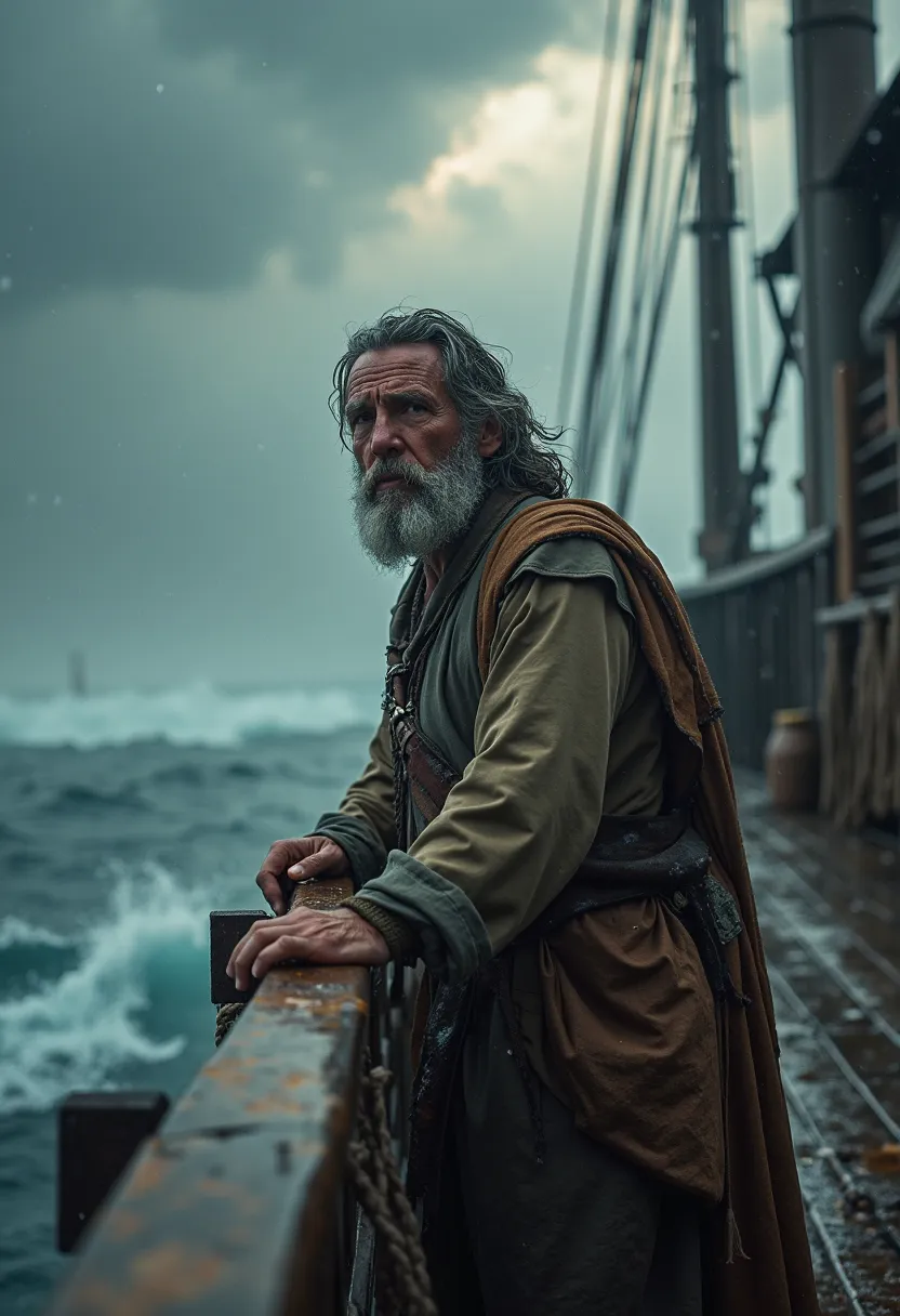 a dramatic, misty, and atmospheric cinematic photograph of Noah, a bearded man in his 50s with sun-kissed skin and worn, weathered clothing, standing at the edge of the ark, gazing outward with a mix of determination and concern towards the torrential floo...