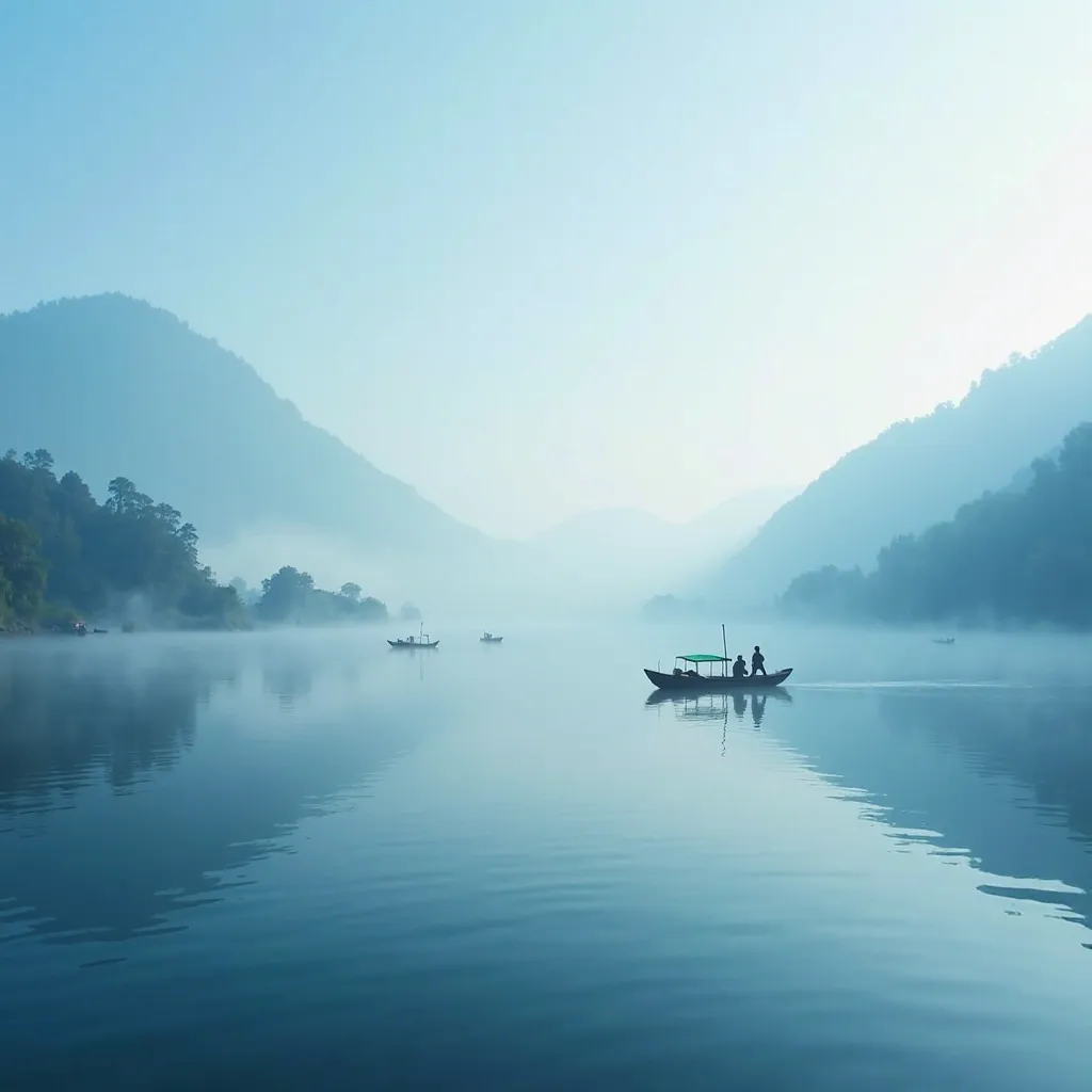 A large lake, the clear blue water reflects the sky and the surrounding forest. A faint mist covers the lake surface early in the morning, adds a touch of mystery. Small boats of local people quietly float on the lake, create a poetic scene