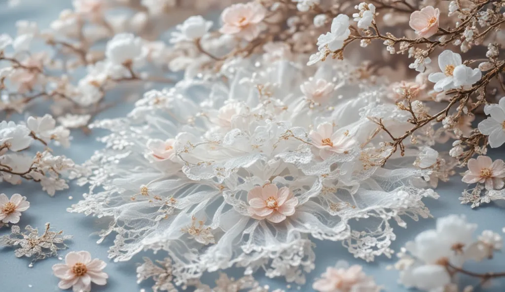 ((background only)),Overhead shot,(((masterpiece))), (((TOP QUALITY))), ((Super Detail)), ((Extremely delicate and beautiful)), (the best masterpiece:1.4),delicate,８ｋ,((antique lace :1.5)),((Arrange the aligned ruffles :1.5))(( beautiful tulle layered wall...