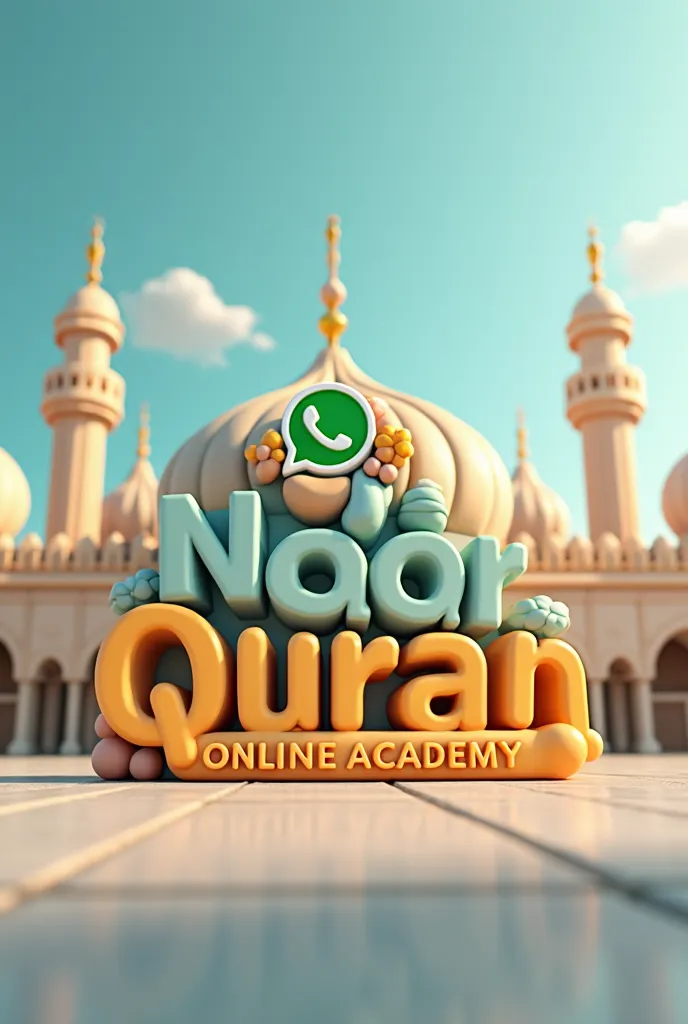 write (NOOR UL QURAN ONLINE ACADEMY) in Cute 3D design and frunt madina picture with whatsap.logo