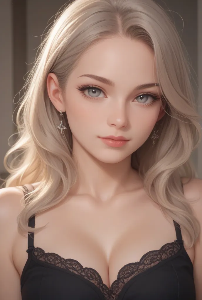 An image of a very beautiful woman, (fine features , and an excellent proportion of their traits ,  and gray eyes  , clear, Real girl , No anime type  ) 