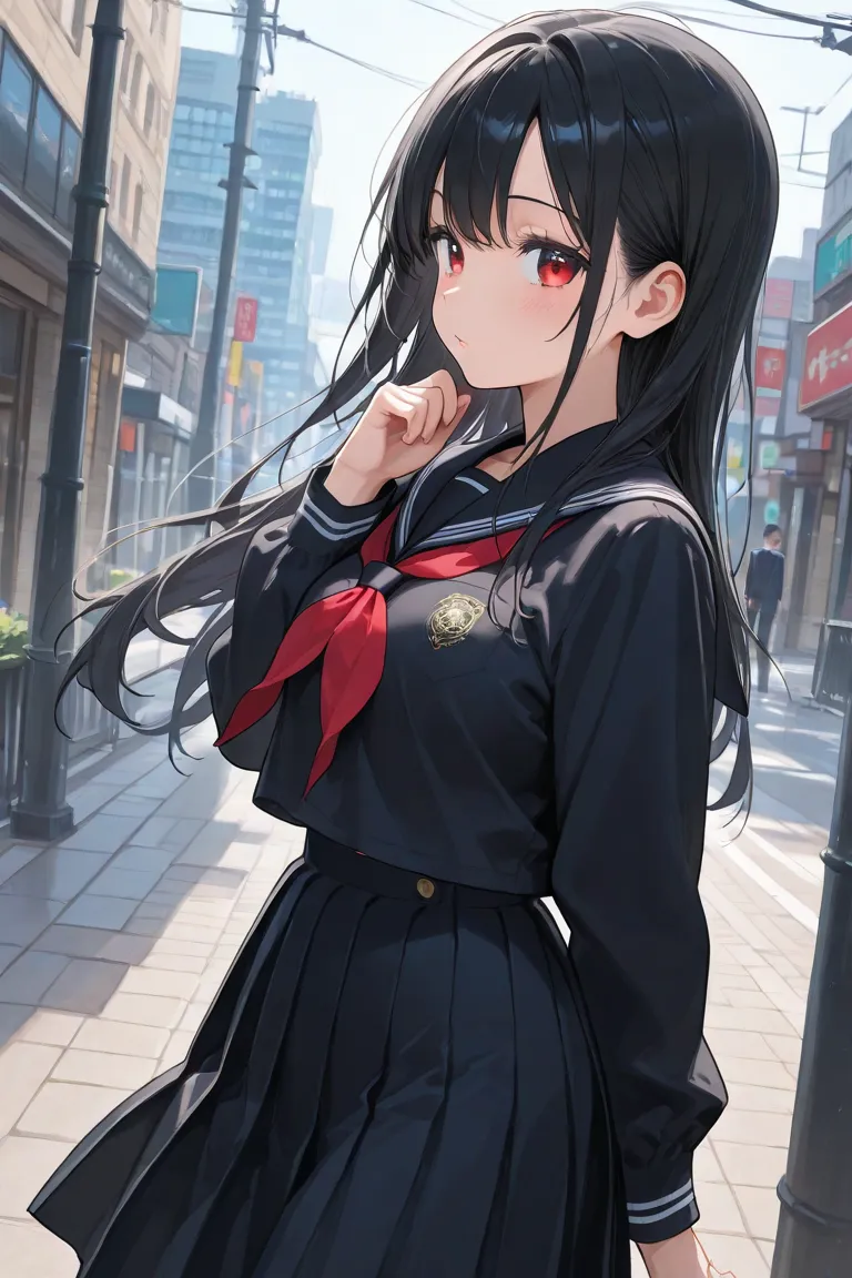 A cute Japanese high school girl with long, straight black hair and red eyes has her skirt flipped up by a strong wind on a city street