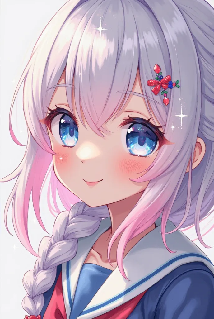 anime style,  girl , white hair light pink ombre, blue eyes light pink ombre, smiling, Bangs 7 /3, fir-tail braid, Wearing a school uniform