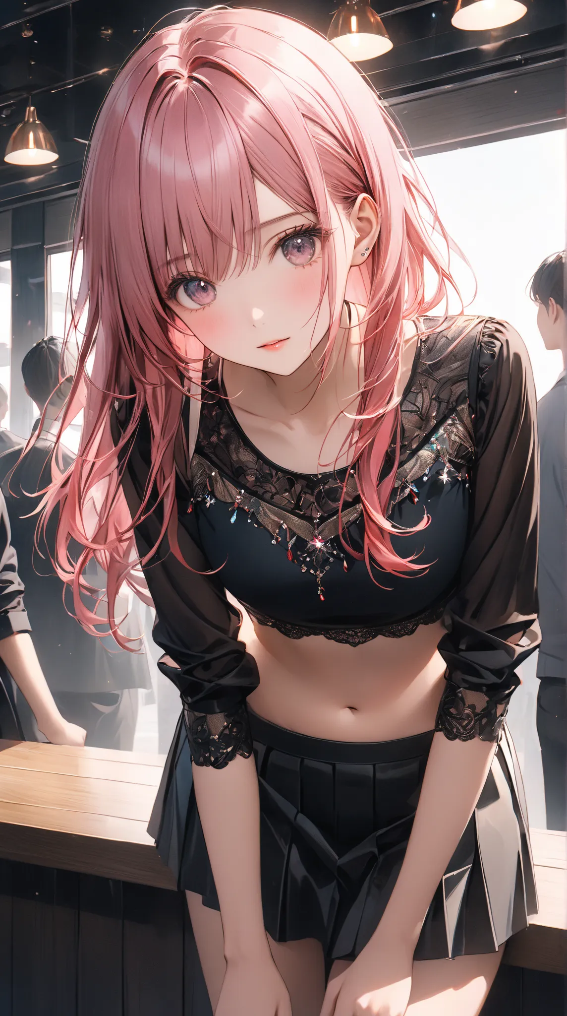 masterpiece、best quality、highres、close up、absurd、 1girl 、crowd、skirt、pink hair、Gasai Yuno、yunouniform、crop top、belly button、revealing clothes、looking at the audience、face red、wallpaper、Yandere,Exquisite and delicate portrait,Young woman with long pink hair...