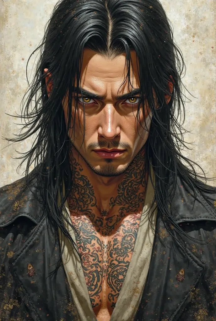  Japanese man , Light honey-colored eyes, long straight black hair,  marked factions, tall and muscular tattooed