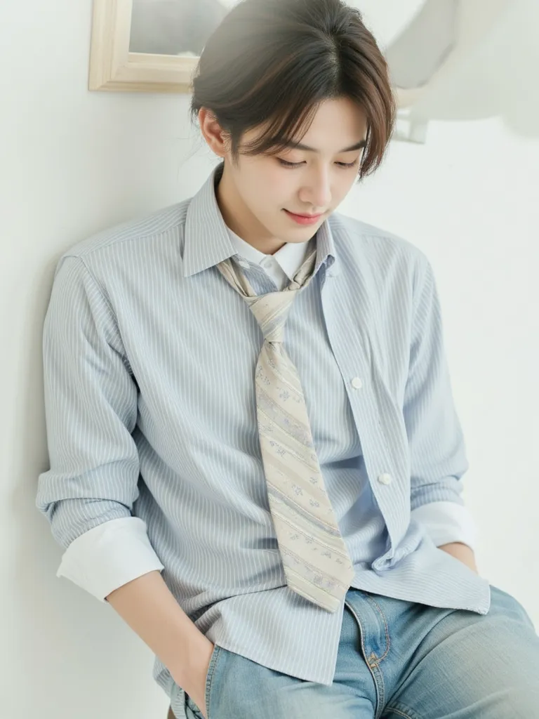 (前髪が目にかかっている male),  male,  plain shirt , tie, twist perm hair, angle from above, I'm squinting and looking down, 美しい male,  Hair, smile,