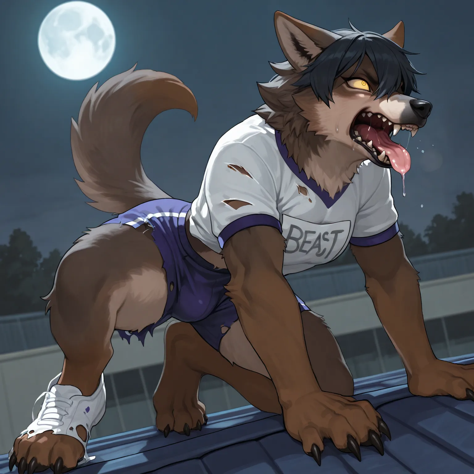 best quality,masterpiece,(realistic,)Furry,(Kemono),transformation,((realistic brown wolf)),boy,(((realistic school_gym_uniform))),ripped uniform,briefs,(torn shorts),ripped shoes,white shoes,evil face,sharp claws,((wolf tail)),night,fullmoon,on the roof,b...