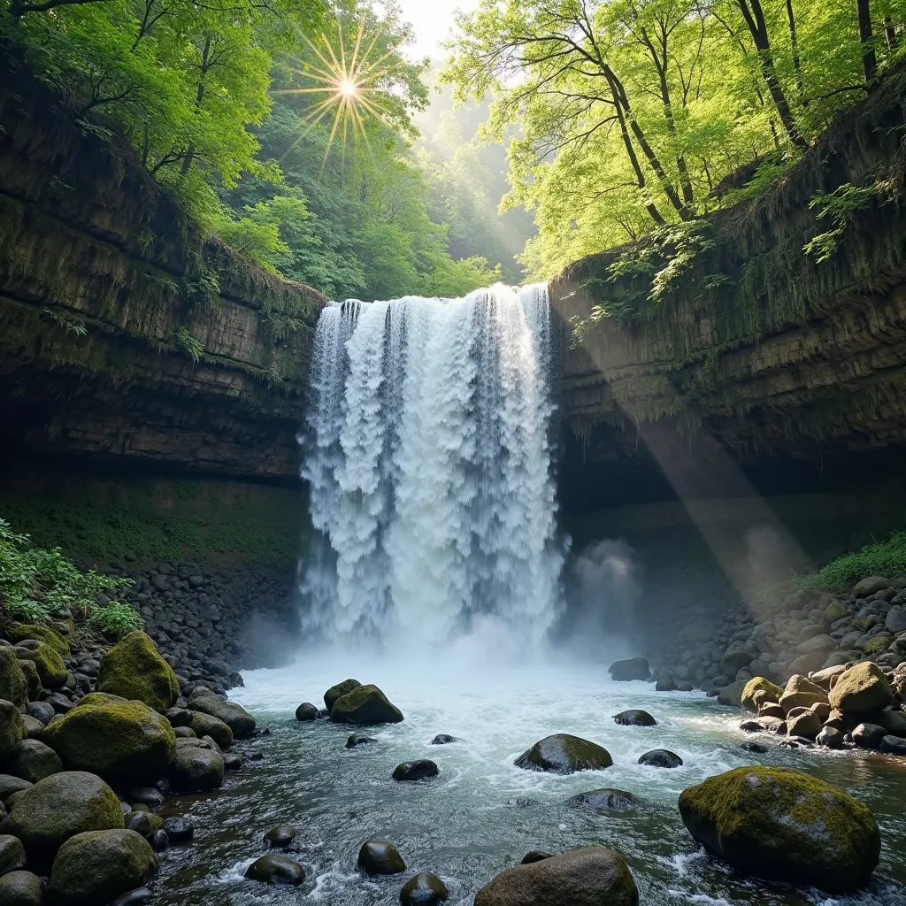 The majestic waterfall cascading down from above 30m, white bubbles of clear water splashing into the air, creates a powerful yet charming setting. Surrounding it is a dense forest, huge boulders covered with moss, and the sun shines through the leaves, cr...