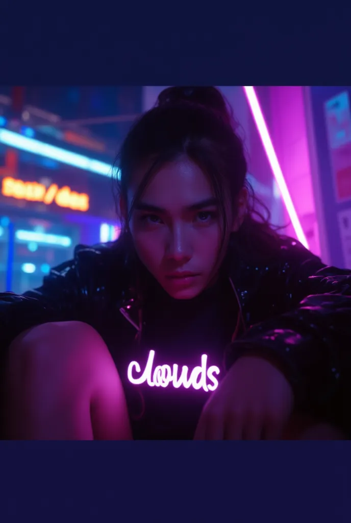 A low-angle shot captures the confident Nam Nga model sitting, surrounded by neon-lit peripherals in a dimly lit room. His piercing blue eyes lock onto the camera as the man styles his ponytail with a hint of a challenge, a smile. The soft glow of the neon...