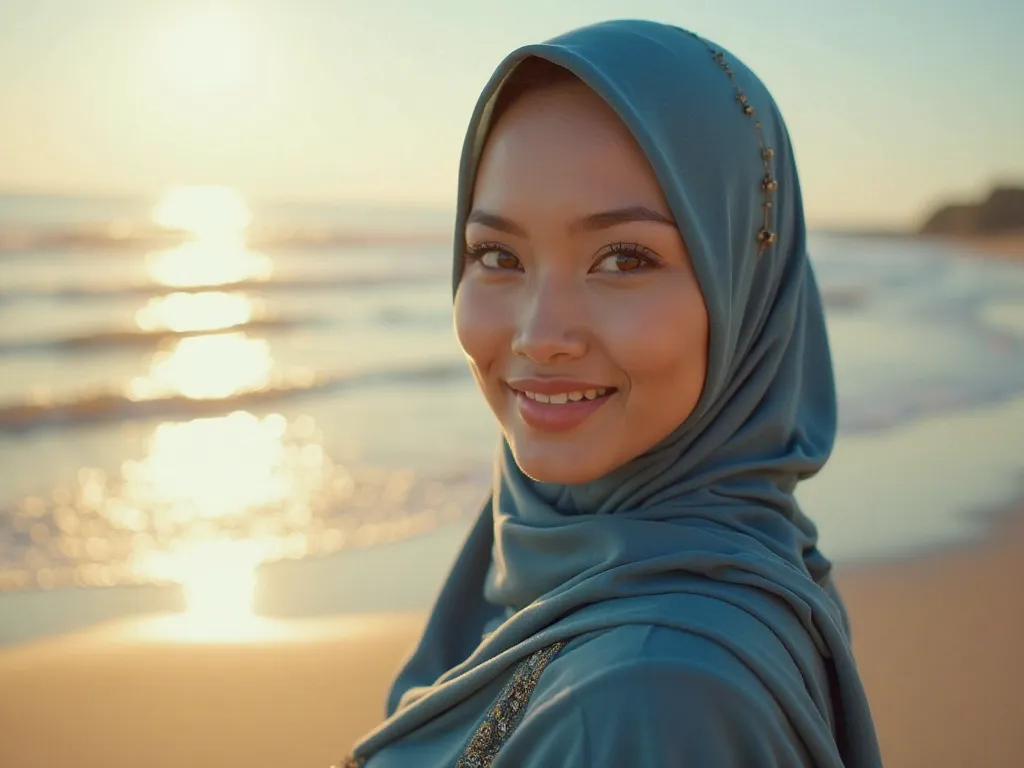  Beautiful natural face of beautiful woman in Malaysian hijab standing on beach afternoon atmosphere 