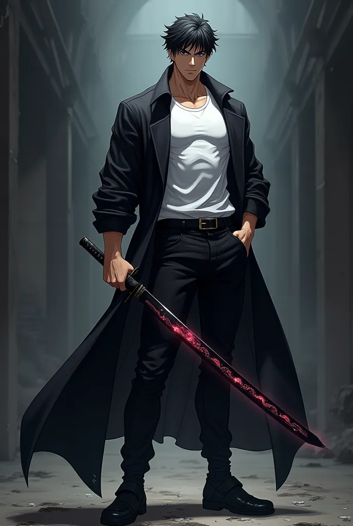 Create a anime boy with good physique wearing white t shirt and black long coat on it and wearing black pant and black shoes with a dark powered katana glowing with dark power holding in his hand 