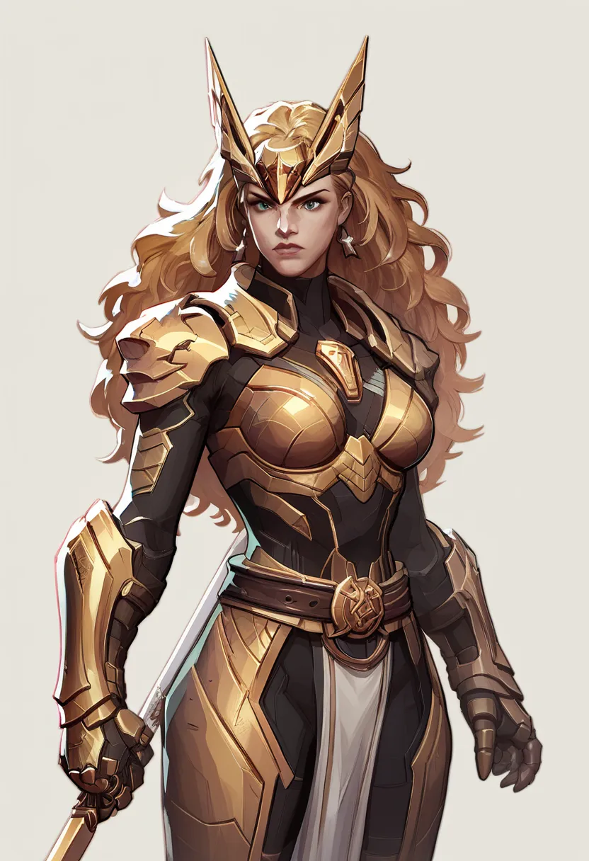 Angela's costume is a stunning blend of warrior and celestial elements. Here are the key details:

- **Headpiece:** A golden headpiece with wing-like extensions.
- **Hair:** Long, flowing red hair.
- **Armor:** A golden armored bra with intricate designs a...