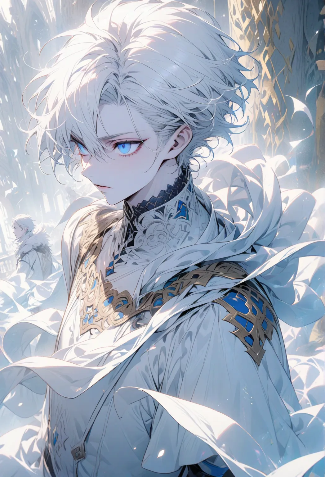 White Haired Boy, blue-eyed.  I'm looking away,Nordic, white skin, gorgeous clothes 