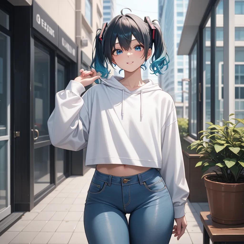 (  Masterpiece , best quality, amazing quality),( official style), background office  ,  last  ,1 femboy, MIKU NAKANO , “The quintessence of the five” , shiny leather,   men's hair, black hair, One,  blue eyes, (white sweatshirt), (blue loose-fitting jeans...