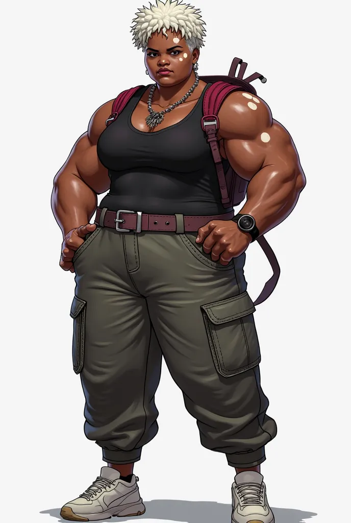  create an RPG character with the following characteristics : 
a black woman, shelter pants with vitiligo spots on the body
Short curly white, hair
Robust body
What to wear a black tank top, Some shelter pants, white sneakers and a jacket 
She wears a ring...