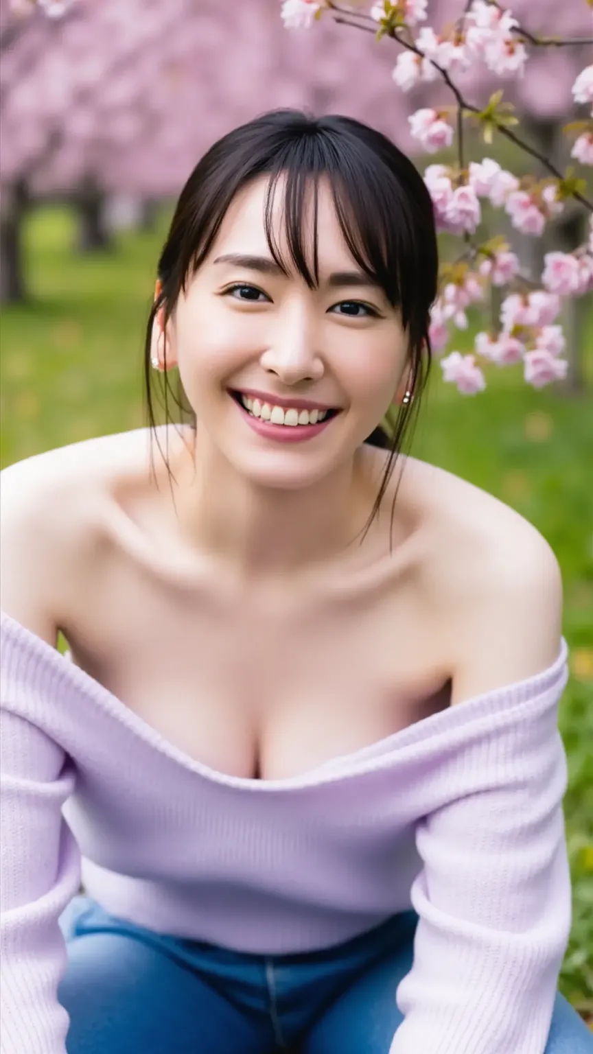 ( open:1.8)。beautiful Japanese woman。A woman wearing an off-shoulder sweater and denim jeans is sitting with her legs wide open。M字 open。(braless:1.5)。cherry blossoms in full bloom。Staring at viewers with a big smile showing teeth。Jet Black Hair。 low bun ha...