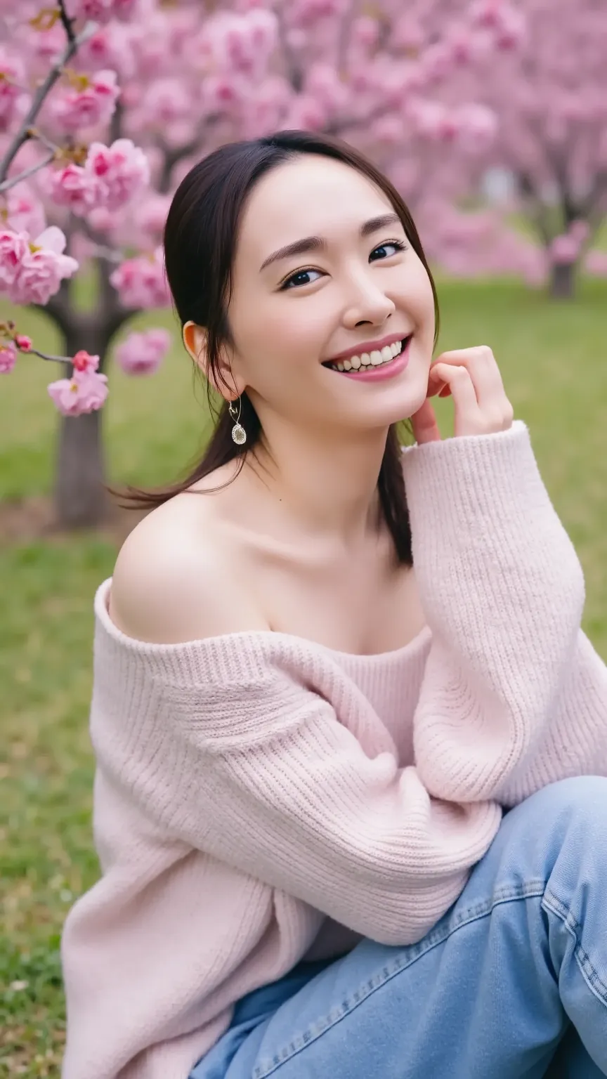 ( open:1.8)。beautiful Japanese woman。A woman wearing an off-shoulder sweater and denim jeans is sitting with her legs wide open。M字 open。(braless:1.5)。cherry blossoms in full bloom。Staring at viewers with a big smile showing teeth。Jet Black Hair。 low bun ha...