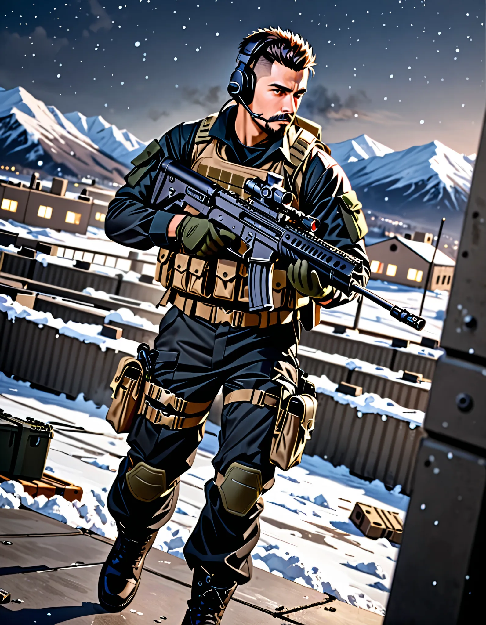 masterpiece, best quality, highres, highly detailed, 1boy, adult male, Hispanic, faux hawk haircut, headset, bullpup, black combat boots, building, rooftop, night, facial hair, gloves, gun, handgun, holding gun, holding weapon, holster, holstered weapon, l...