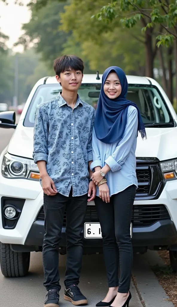 The image features a person with berdiri di sebelah toyota hilux white casually. They are wearing a shirt blue , black jeans, Sneaker black, and have the appearance of a young man or boy. Looking at viewers, malay Man, body muscle man, (min hoo) with his g...