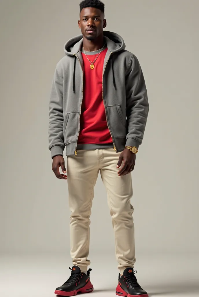 A man wearing a gray sweatshirt and red basketball shirt and cream colored pans black sneakers with red on his right hand a gold watch 