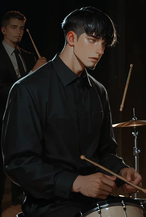Solo man, formal wear, short men's haircut, masculine, Light skin , light brown eyes, goatee, playing drums, Evangelical church, black hair, sitting, drumsticks in hands, seen from afar, Button down shirt, Men's hair, short hair, dark weather, Dark, Beatin...