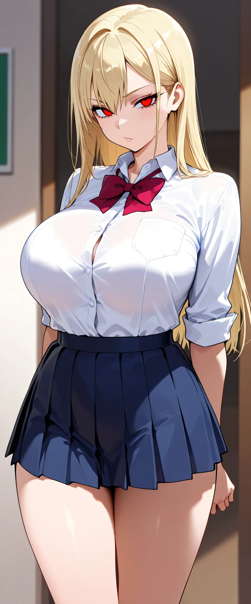 High school girl, blonde, gal, sharp eyes, straight hair, red eyes, white dress shirt, navy blue mini skirt, big breasts