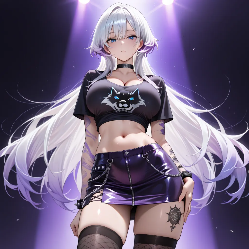 Slender body,  Slim waist, Her long limbs are like a model , hand on own ass, (purple White hair, gradient hair), top quality、 ( professional lighting without shadows )、 Surreal, is fascinating、figure like a slender supermodel、 1 girl, ( big breasts, Belly...