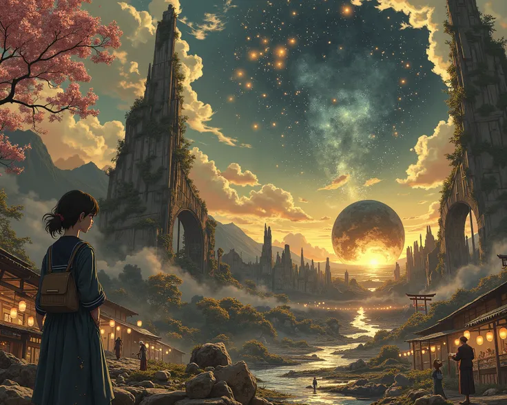A surreal fantasy scene merging Studio Ghibli’s ethereal magic and Don Lawrence’s hyper-realistic precision. At the center, Kaho Higashi—a fusion of her anime persona and real-world inspiration—stands near the haunting silhouette of the Hiroshima Atomic Bo...