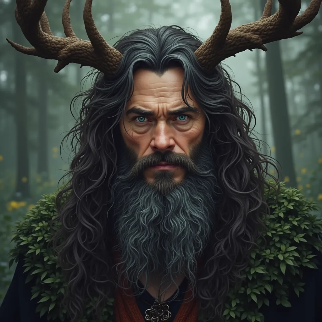 Design a crossover between Tom Bombadil and Cernunnos, the antlered God of the forest. Mischievous, ageless, dark hair and beard laced with grey, bright blue eyes,  mischievous smirk. Photographic style.