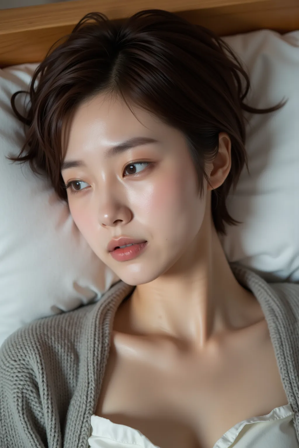 High quality,4K,Super Details,Realism,Professional grade ,bokeh,Beautiful woman with short messy hair, Blushing lying on the pillow,Exposed shoulders,((Patient expression)), (One eye closed), ( lips), cardigan, 21 years old,[ open my mouth and spit my tong...