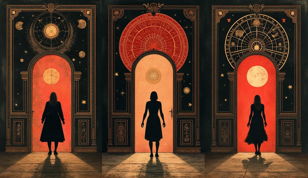 Vintage mystical collage series showing silhouetted figures standing at the threshold of ornate doorways filled with astronomical charts and secret symbols. Textured in faded reds and aged parchment tones against a deep black background, with intricate lin...