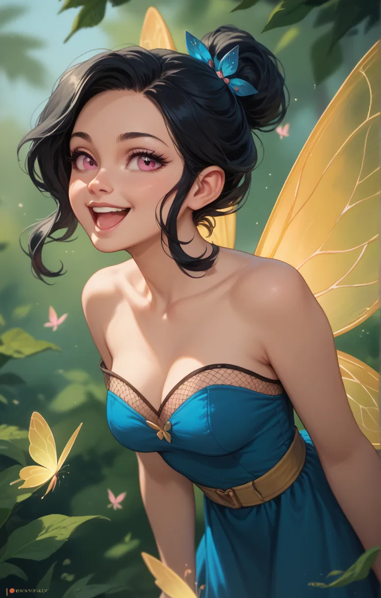 oc character, woman 25 years old, fairy with wings, yellow wings, pink eyes, long black hair,  wearing blue dress, With her body all moldy with a  looking like joy