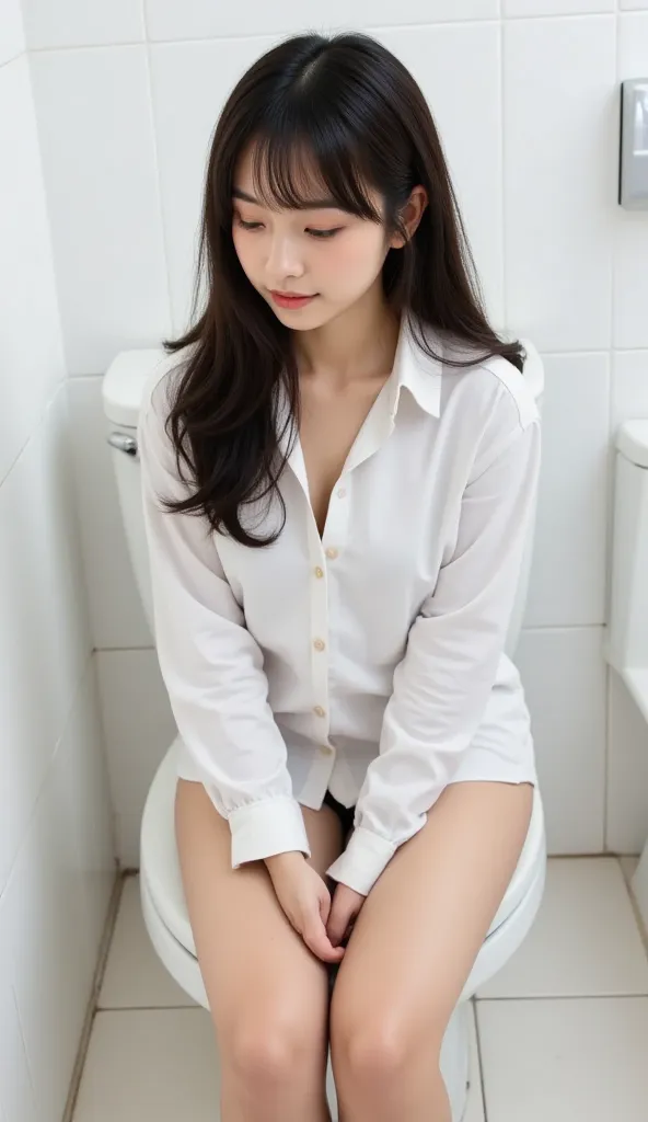 a woman peeing in the toilet, (Shooting from directly above:1.5), place her hands on her lap, Legs outside the toilet bowl, white shirt, (bottomless:1.5), whole body , Front  , she Look down, she look away,  (from directly above:1.5), 