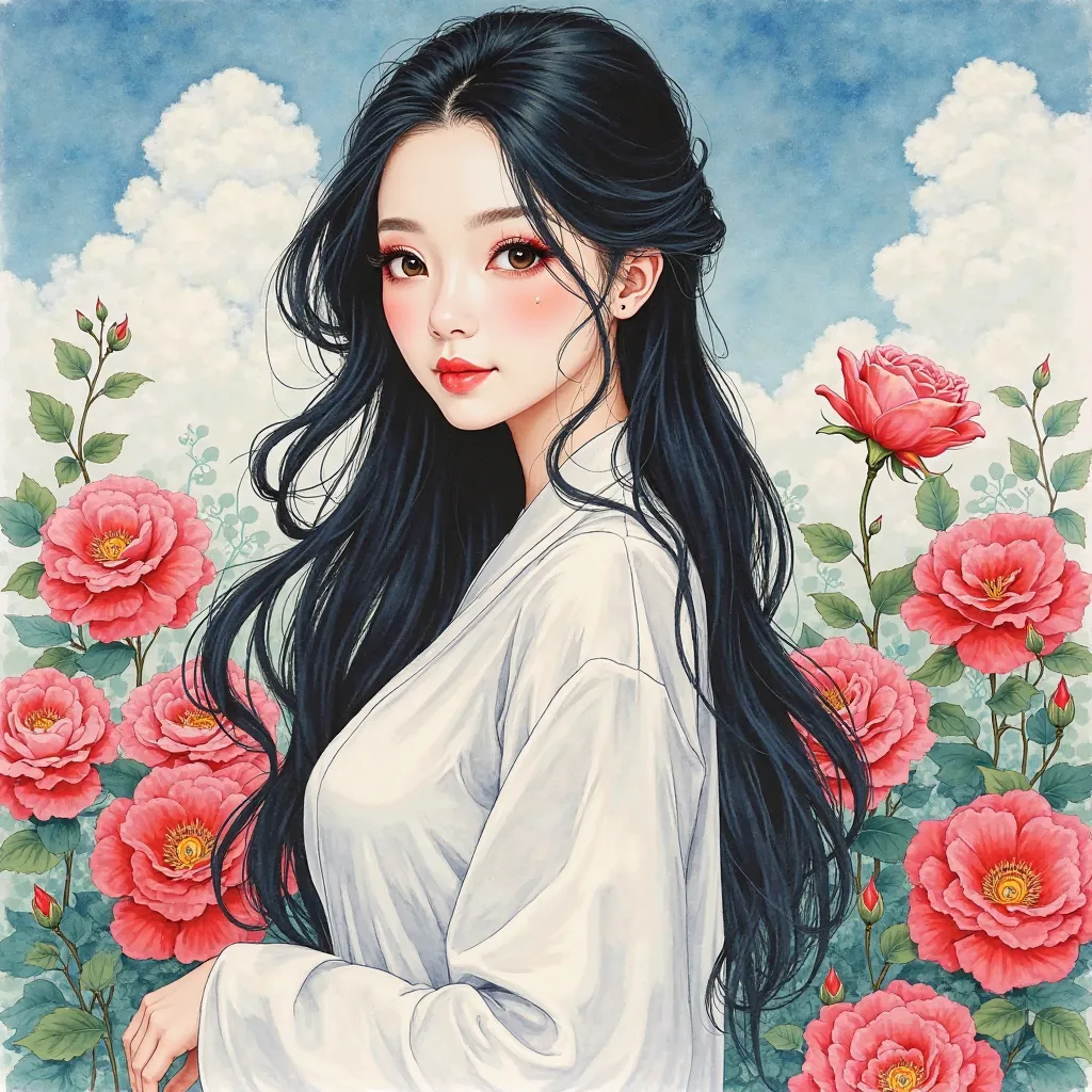  The combination of ink and watercolor painting、woman with beautiful oriental face、long loose shiny black hair 、has black eyes, Camellia Inn、  blue sky 、 white clouds 、 best quality、Masterpiece、red rose garden, white skirt background