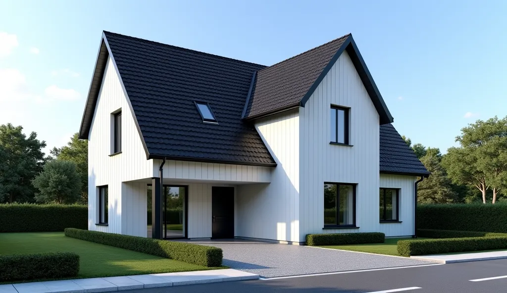 house, architecture, modern cubes , sloping roof in european style, black tile and white clapboard wall ,main facade, in front of the house there are paths and roads and , blue sky  , ultra detailed, Absolute resolution, Masterpiece