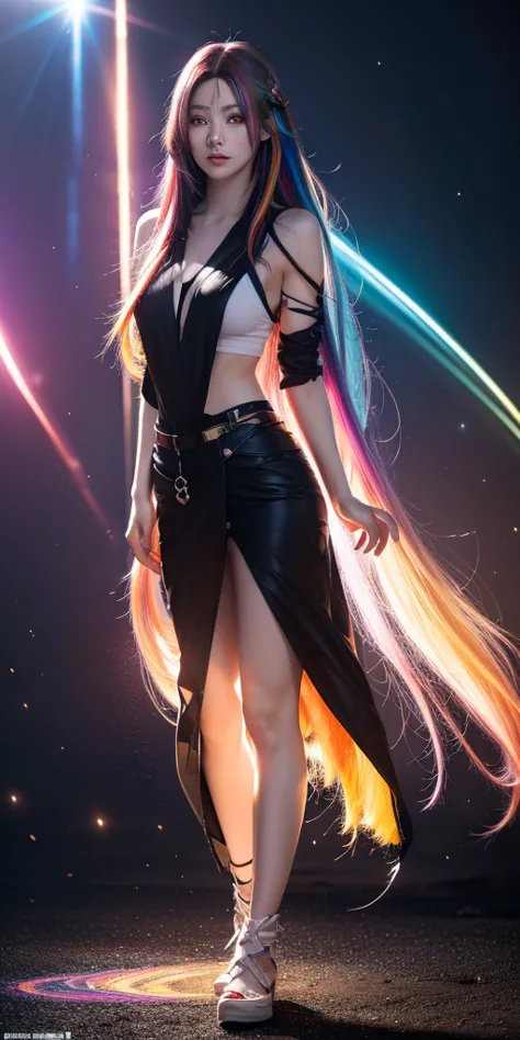 {{masterpiece}}, highest quality, Highly detailed CG Unity 8K wallpaper, cinematic lighting, Lens flare, beautiful detailed eyes, black, side line, multi-colored hair, colorful light, particle, heterochromia, (colorful:1.5), (colorful hair:1.5), full body
