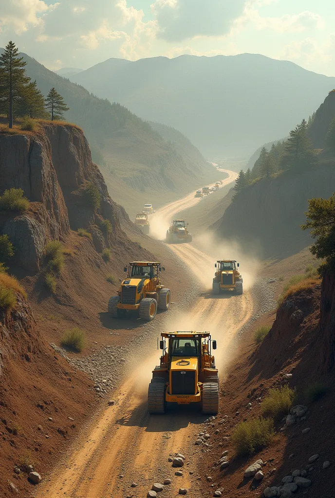 A new road being constructed up the hill cutting the hill with bulldozer and excavators 