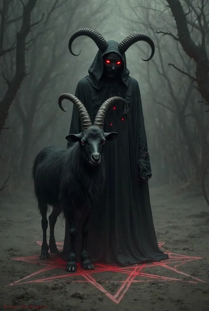 Make a harlequin all in black next to a red-eyed black goat, on top of a pentagram in a gloomy mood 