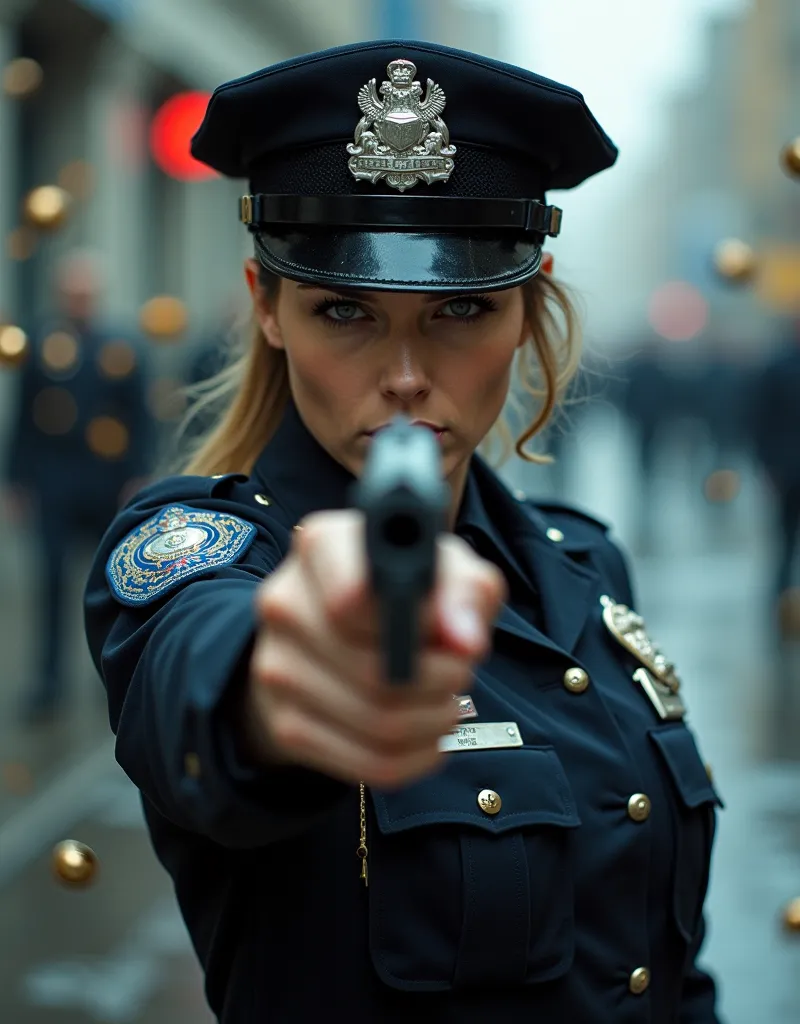 A police woman fighting criminals in a gun fight and she pointing the gun at the viewer, Thousands of out of focus circular Bullets, low angle of the woman, slow motion effect,