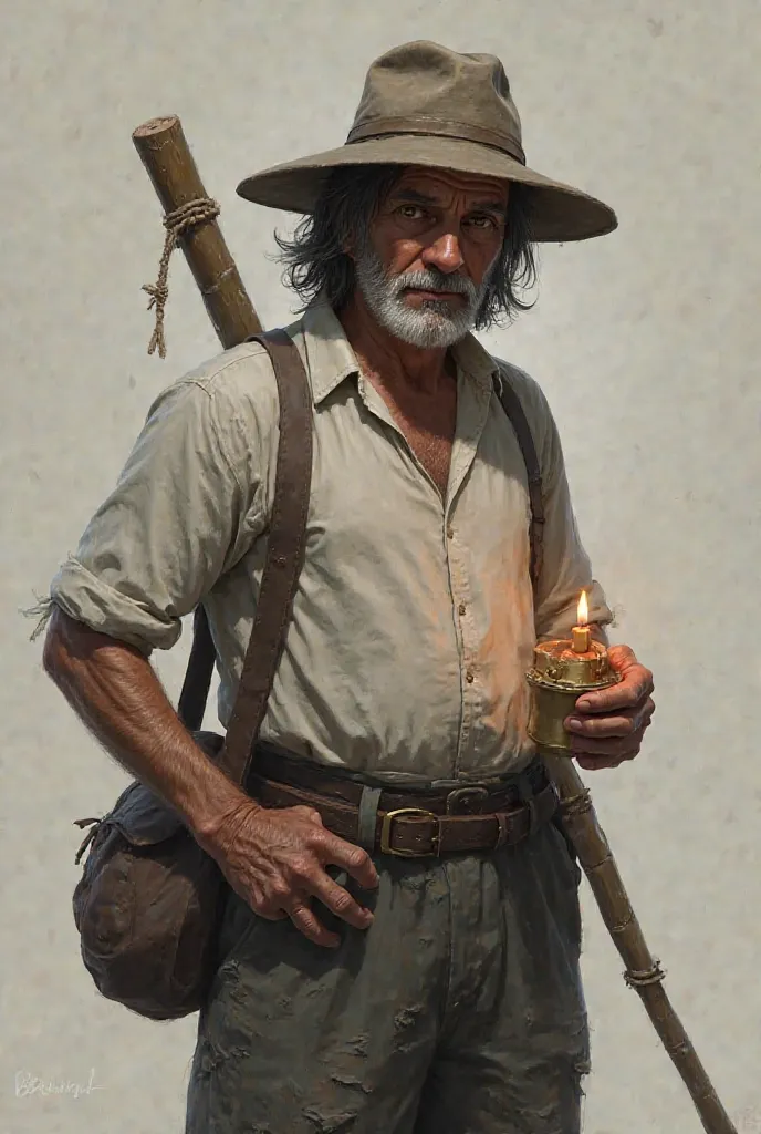 Male - 50 years old, gray-black shoulder-length hair, plain hat ,  patched pants , white shirt, Look for a brown bag, little candle in the hands, bamboo stick