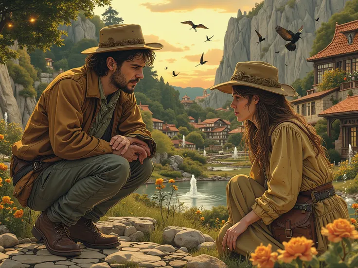 Two Tiny People (a man and a woman), each the size of a pinky finger, exploring a magical miniature city nestled within a vast, elegant garden of a nobleman's estate. The miniature town features intricately crafted tiny houses with terracotta roofs, cobble...