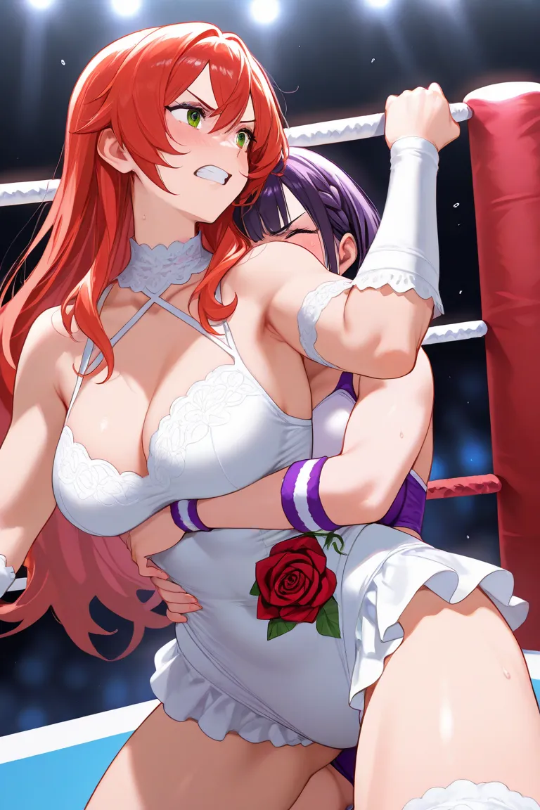 Women's wrestling, two female wrestlers, one in a sexy rainbow costume and the other in a white costume with a crimson rose pattern, the two are engaged in a lesbian battle,