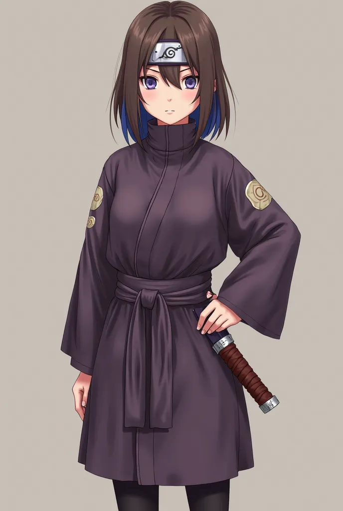 brown hair with some blue locks with bangs where on the forehead there is a ninja band with the logo of the leaf village, fair skin, . The dress is a dark purple tunic with details in a lighter tone on the shoulders and the band tied at the waist. It is co...