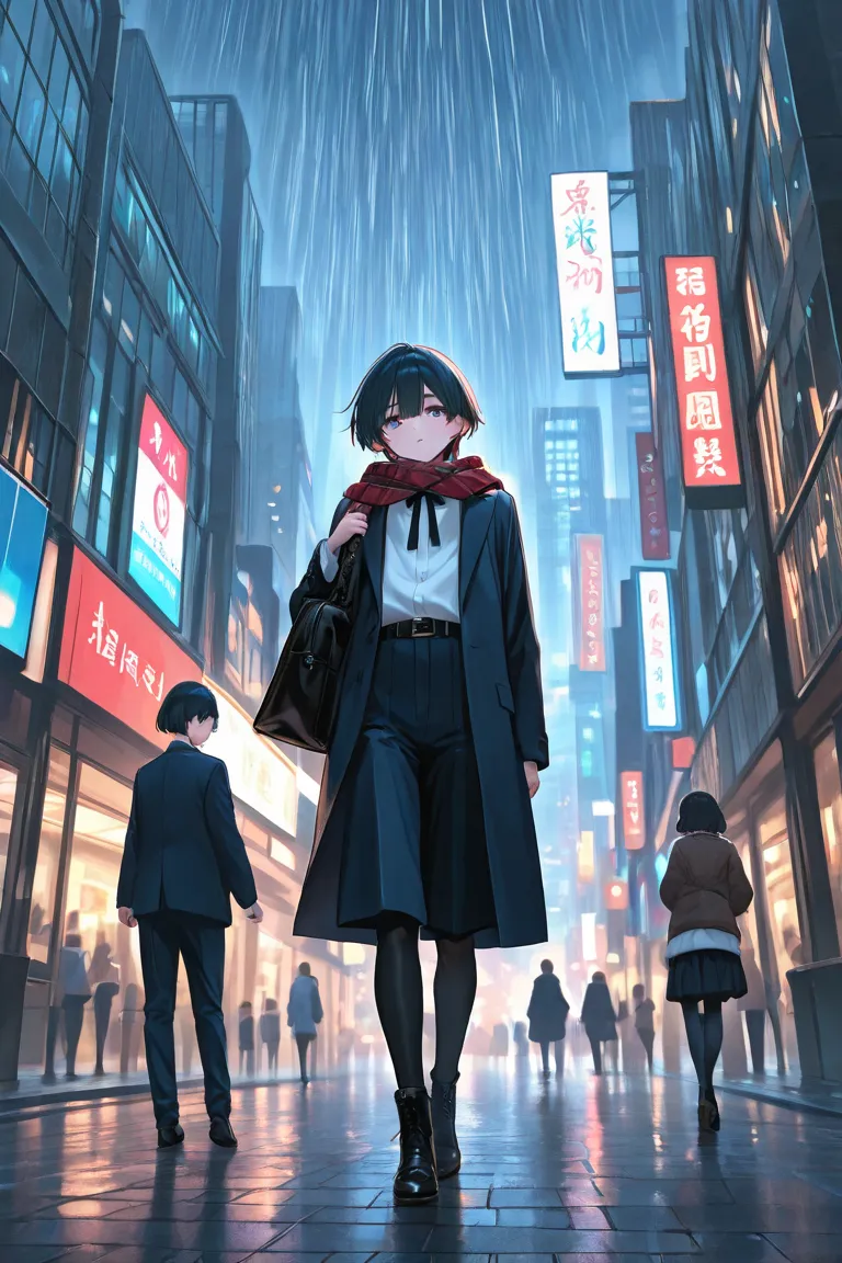 Androgynous femboy, 18-year-old in the city raining 