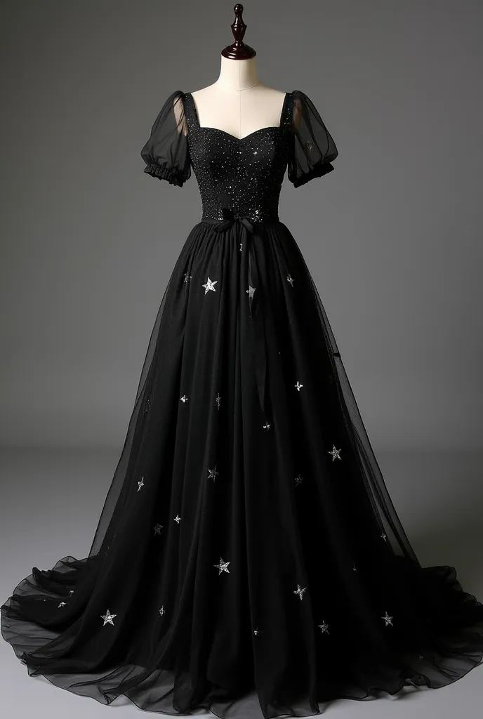 stunning black evening gown with a celestial theme. The dress is made of black tulle with a sheer overlay, adorned with shimmering star patterns that resemble a starry night sky. The gown has short puff sleeves, a fitted bodice with a square neckline, and ...