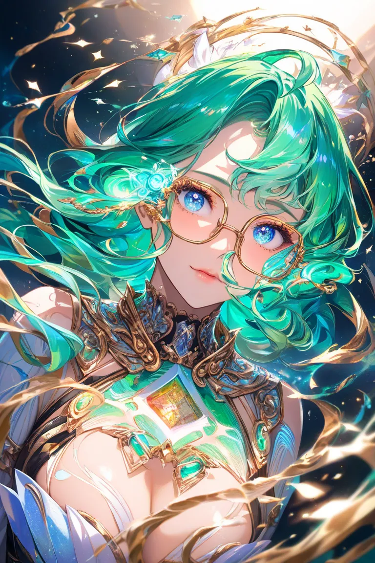 a mesmerizing, highly detailed, and cinematic photograph of an Anime-style girl with short, vibrant green hair that cascades down her face in loose, curly strands, paired with a pair of rounded glasses perched on the bridge of her nose, her bright blue eye...