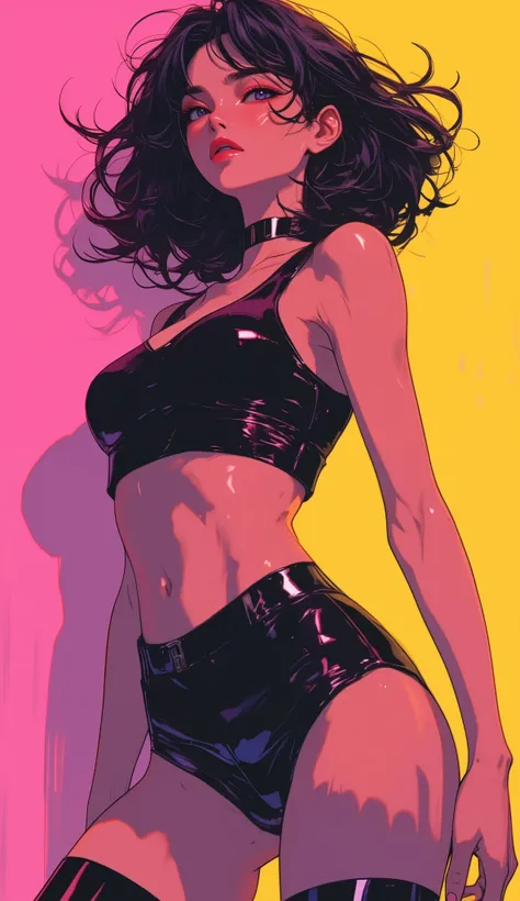 Create a full body portrait of a woman in the Japanese retro anime style of the 80s and 90s. The scene features a top model with wild hair, exuding confidence and allure. She stands in a dynamic pose that highlights her form and curves, set against a soft ...