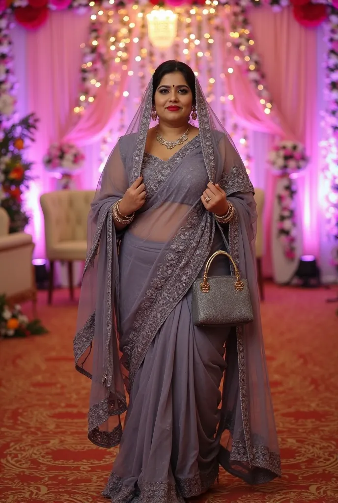 A indian plus size woman, likely in her 30s or 35s, with South Asian features, is centrally positioned in the image. She is wearing a traditional Indian saree in a grayish-purple color. The saree is embellished with lace and intricate designs. The woman ha...