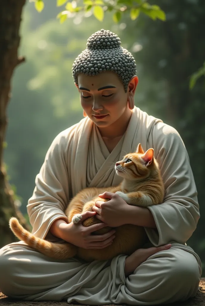 "The Buddha gently cradles a cat in his arms, looking at it with boundless compassion."\