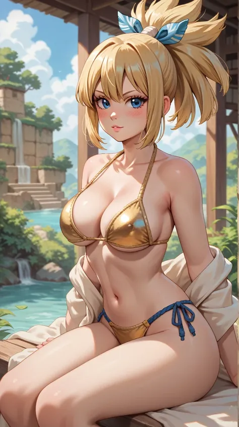 masterpiece, Best Quality, High Resolution,  1girl ,
Amber (dr. Stone) , alone , blush,  big boobs, hair_Blue Ribbon, Viewer, red and white,  Blonde Hair hair, Blue Eyes, hair ornament, ponytail,  Blonde Hair, Gold bikini, sitting